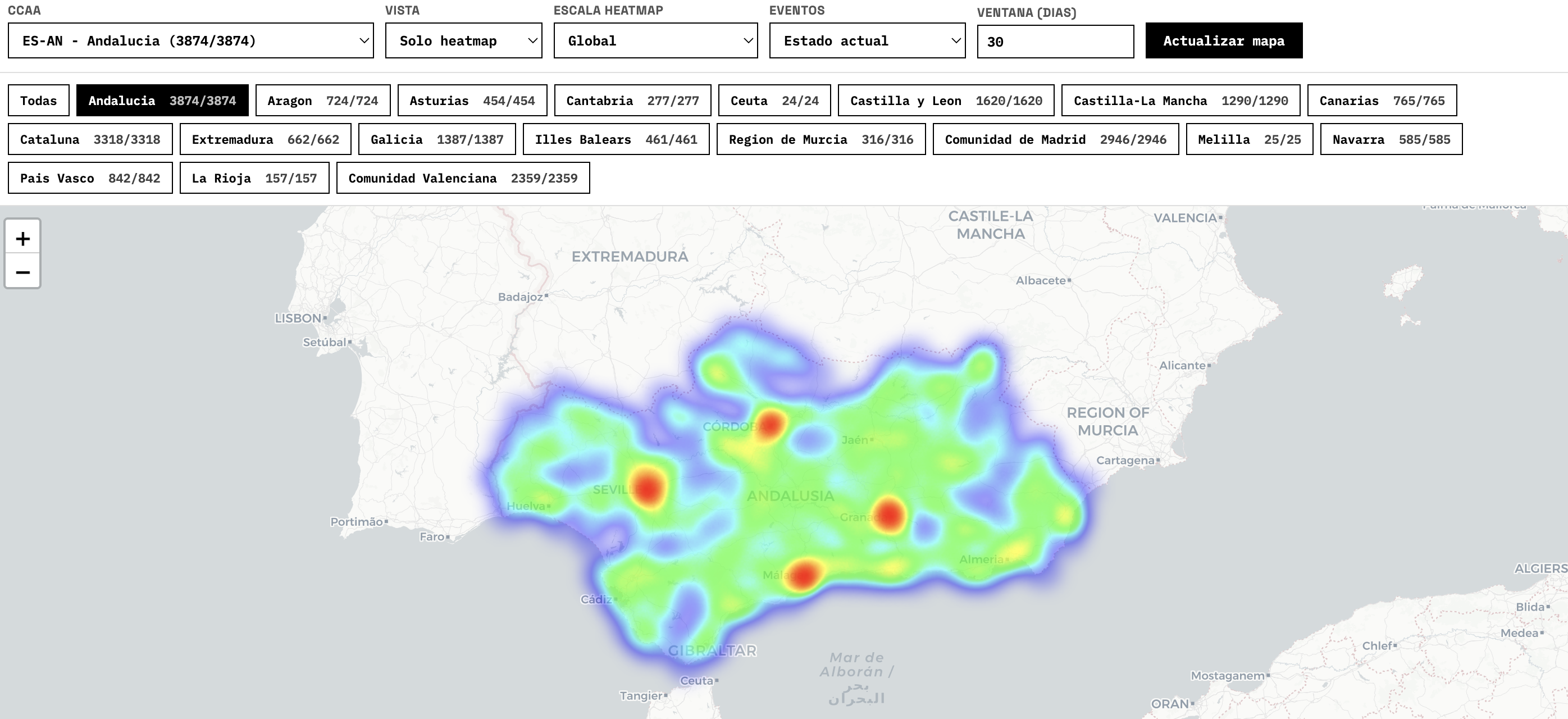 Panel operativo con selector de CCAA y heatmap (admin)